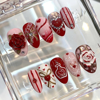 Valentine Press On Nails | Red Pink Heart Nails | Luxury Handmade Nail Set