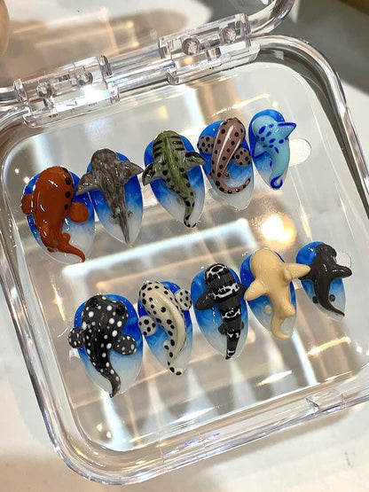 3D Shark Press On Nails: Handmade Ocean Animal Nail Art Set
