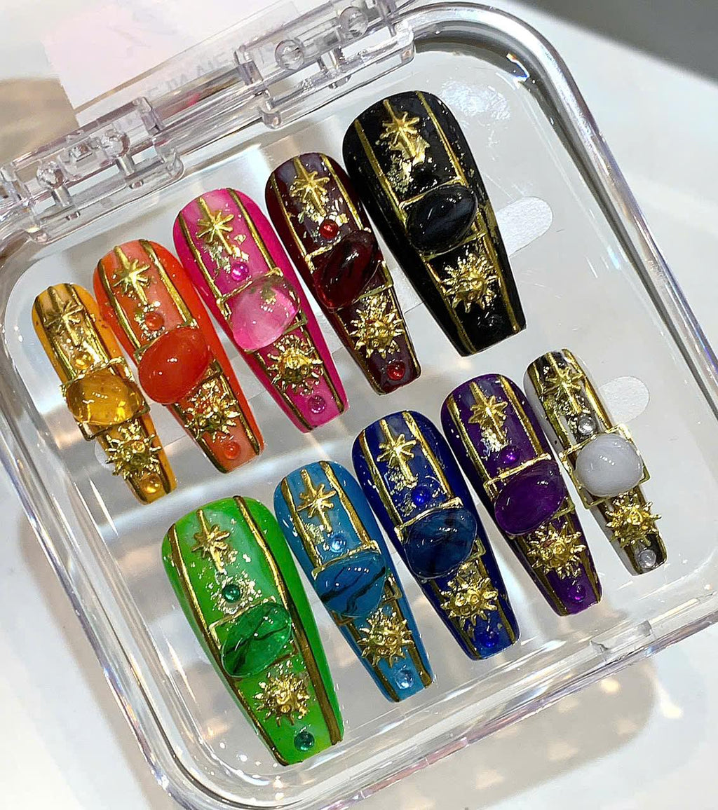 Celestial Gemstone Press On Nails: Handmade Astrology Nail Art with Stars & Crystals