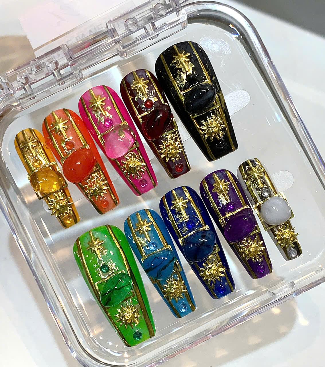 Celestial Gemstone Press On Nails: Handmade Astrology Nail Art with Stars & Crystals
