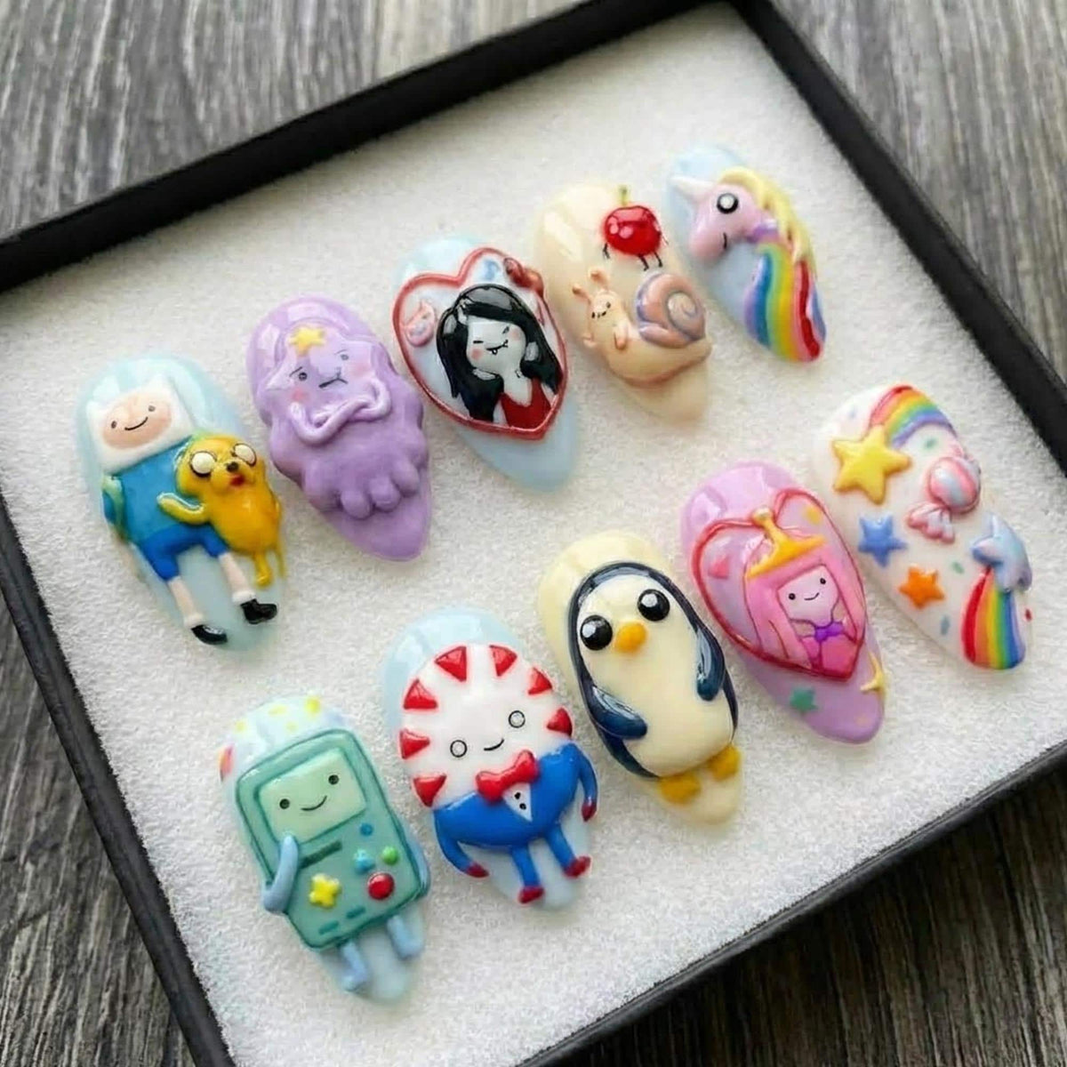 Adventure Time Finn Jake Colorful Press On Nails, Luxury 3D Embossed Hand Painted, Kawaii Cartoon Kidcore Y2K Nails Set