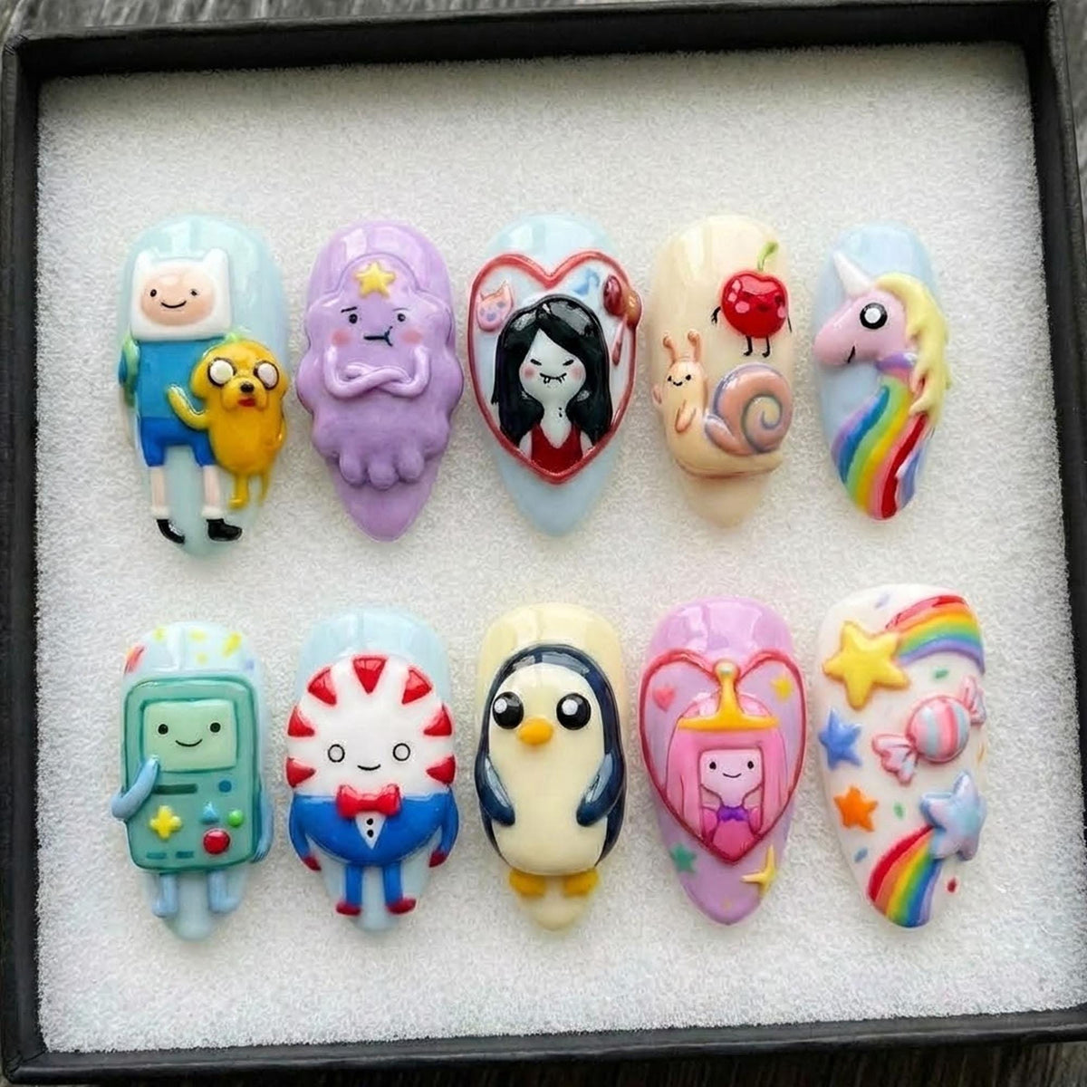 Adventure Time Finn Jake Colorful Press On Nails, Luxury 3D Embossed Hand Painted, Kawaii Cartoon Kidcore Y2K Nails Set