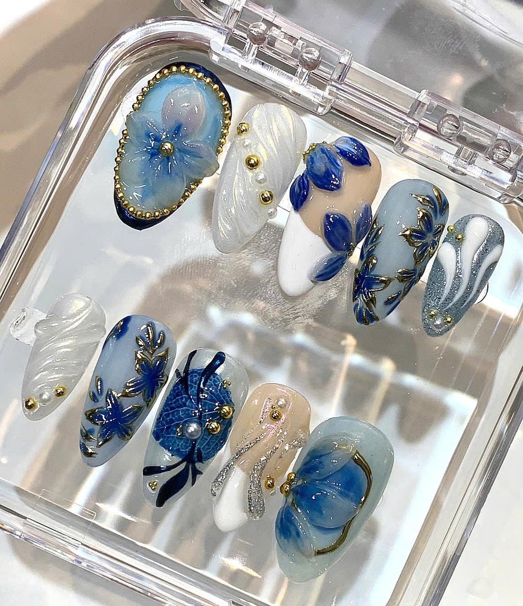 Blue Floral Press On Nails | Luxury 3D Flower Nails | Handmade Elegant Nail Set