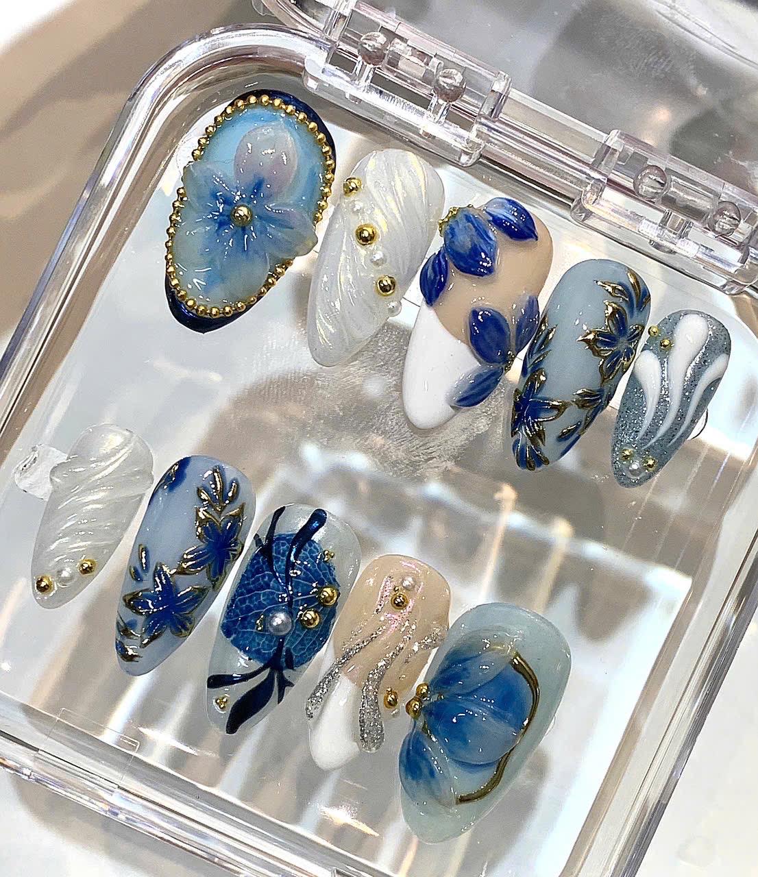 Blue Floral Press On Nails | Luxury 3D Flower Nails | Handmade Elegant Nail Set