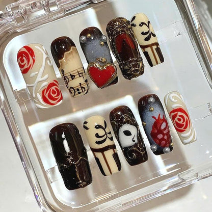 Phantom of the Opera Press On Nails: Gothic Rose Music Note Nail Art