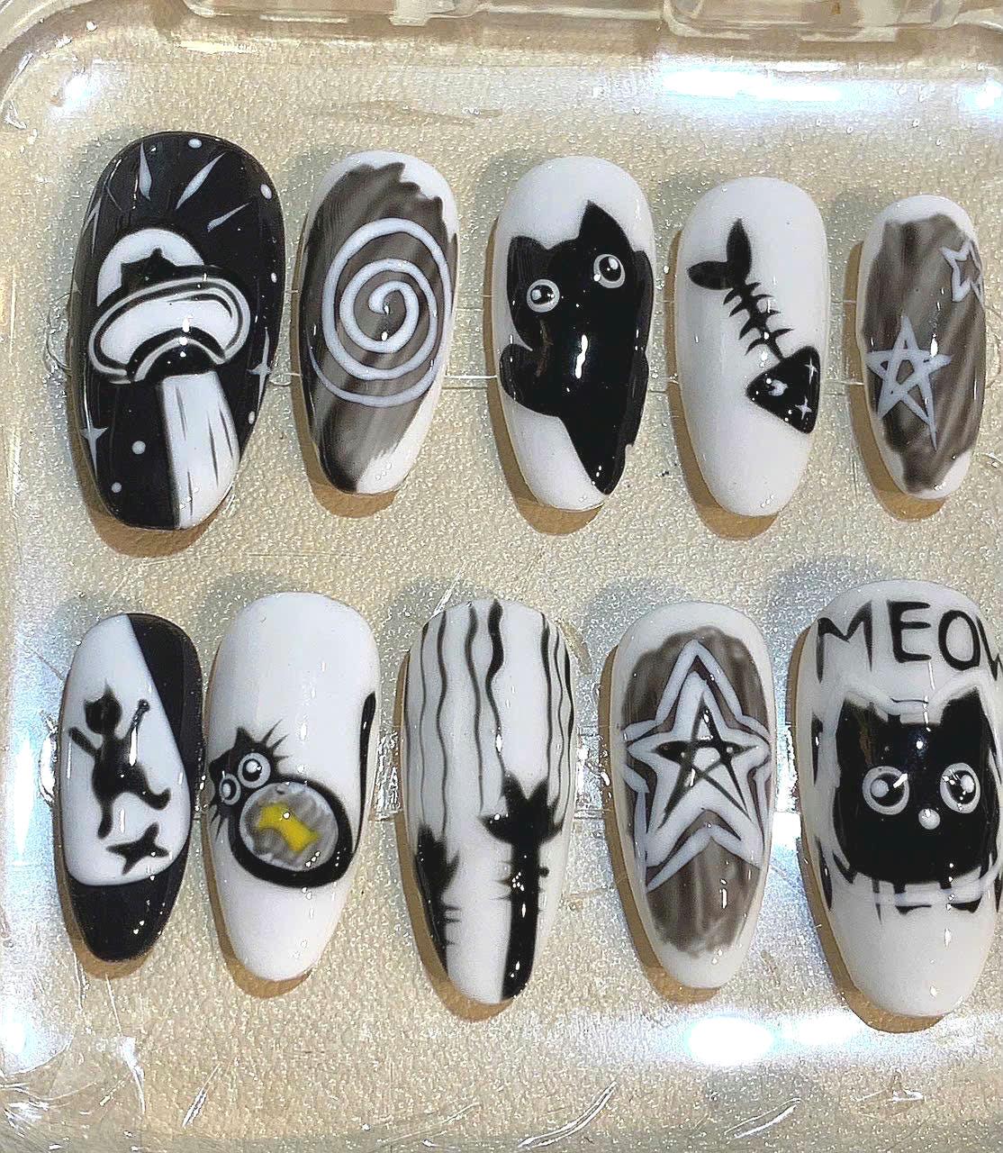Black and White Cat Press On Nails: Goth Kawaii Handmade Nail Art