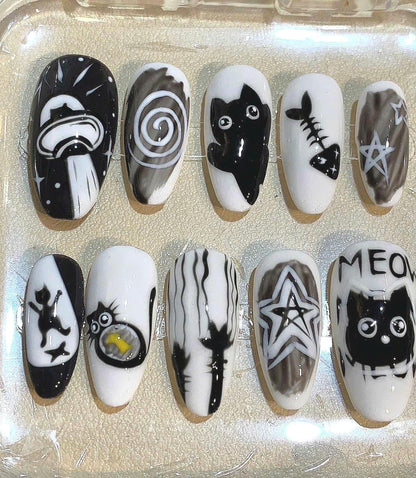 Black and White Cat Press On Nails: Goth Kawaii Handmade Nail Art