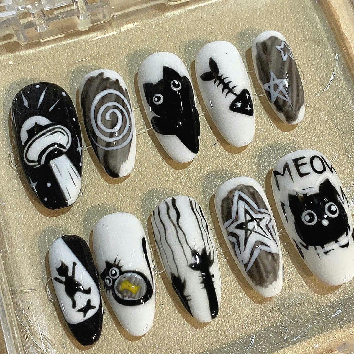 Black and White Cat Press On Nails: Goth Kawaii Handmade Nail Art