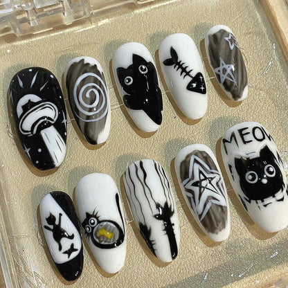 Black and White Cat Press On Nails: Goth Kawaii Handmade Nail Art
