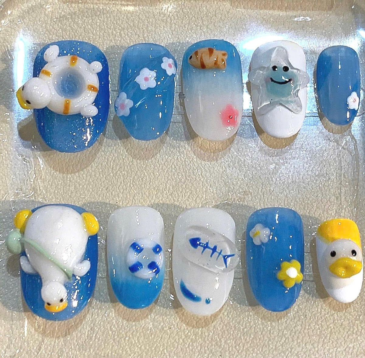 3D Duck & Starfish Press On Nails: Ocean Beach Nail Art