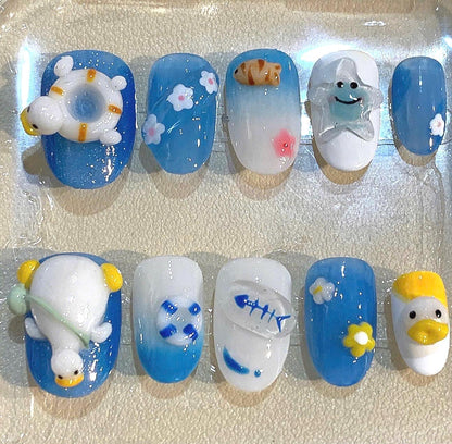 3D Duck & Starfish Press On Nails: Ocean Beach Nail Art