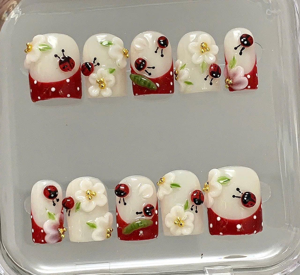 Ladybug Floral Press On Nails | 3D Flower Cute Nails | Red White Polka Dot Fake Nails