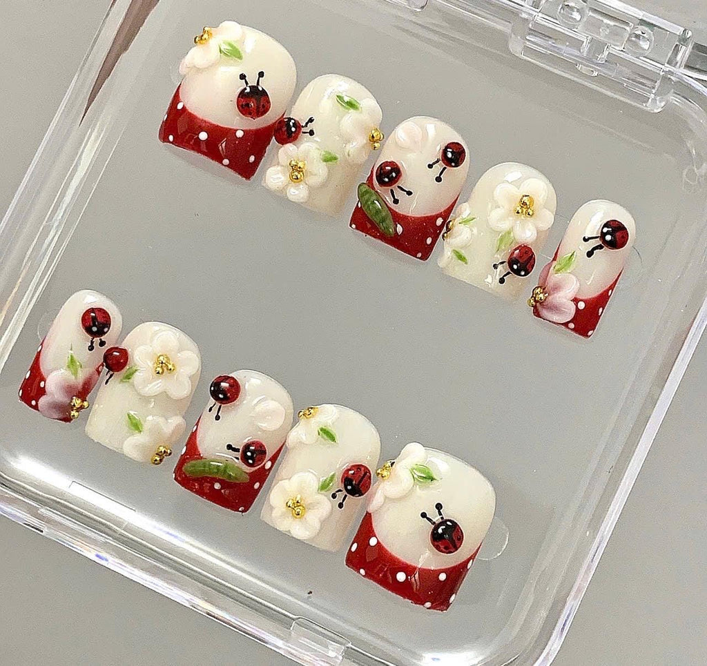 Ladybug Floral Press On Nails | 3D Flower Cute Nails | Red White Polka Dot Fake Nails