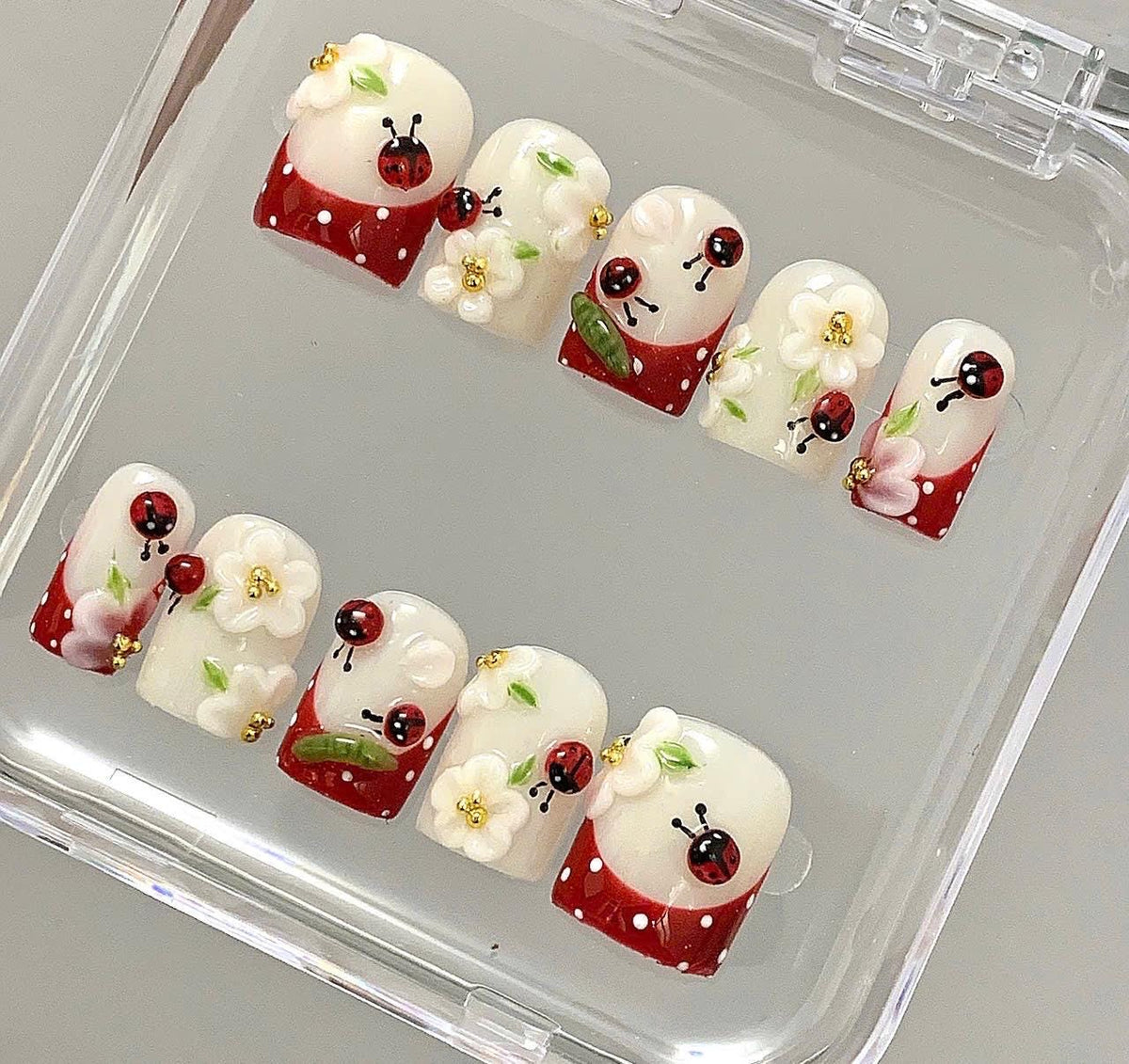 Ladybug Floral Press On Nails | 3D Flower Cute Nails | Red White Polka Dot Fake Nails