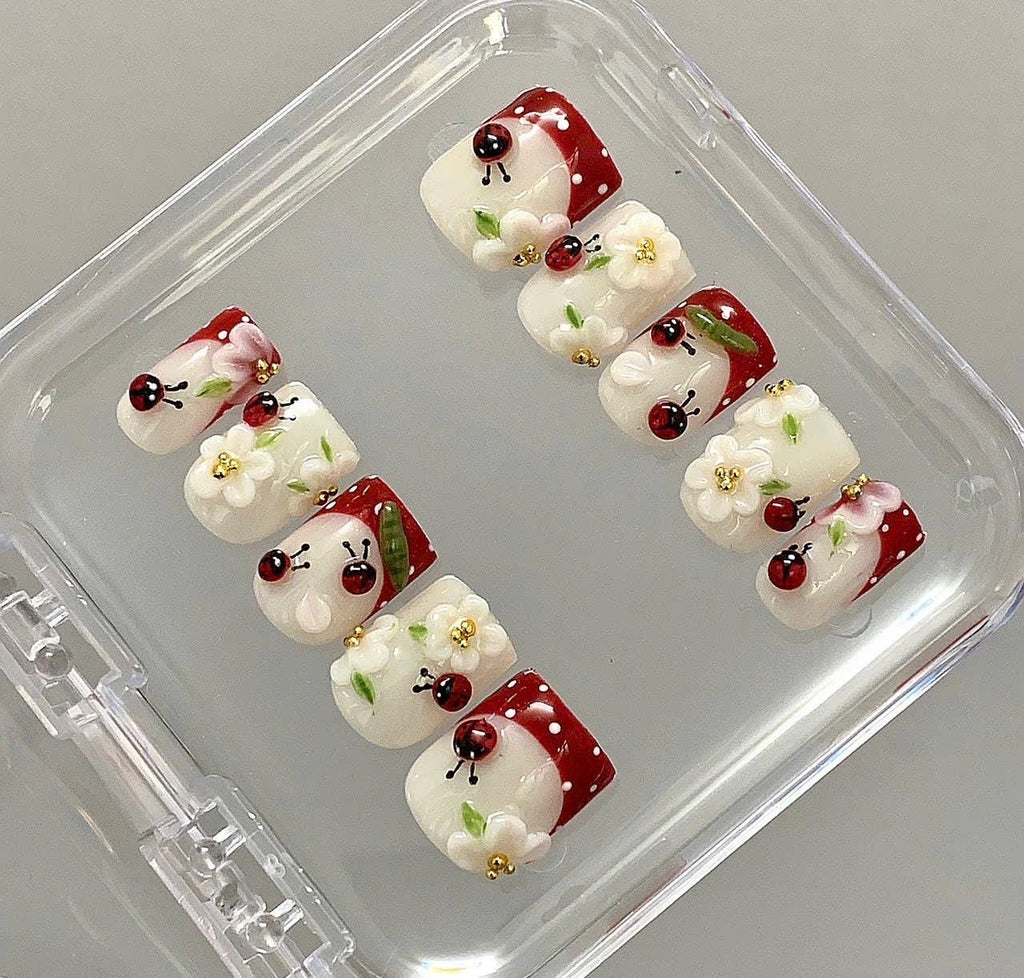 Ladybug Floral Press On Nails | 3D Flower Cute Nails | Red White Polka Dot Fake Nails