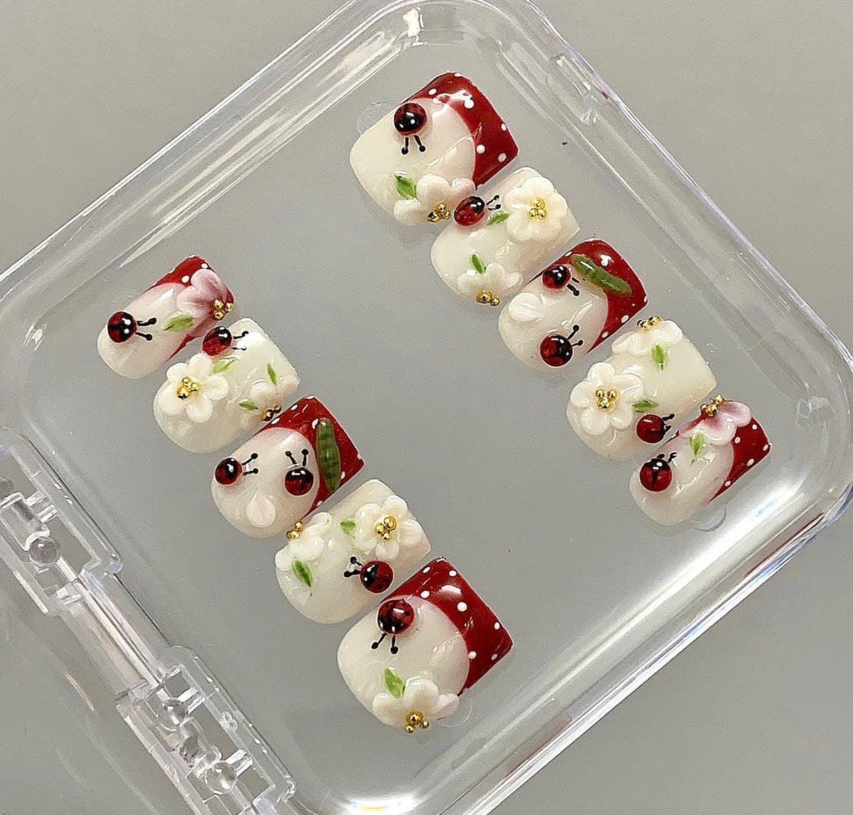 Ladybug Floral Press On Nails | 3D Flower Cute Nails | Red White Polka Dot Fake Nails