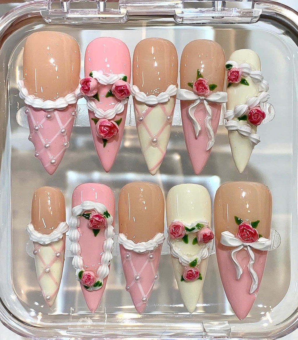 Pink Floral Press On Nails | Coquette 3D Rose Nails | Handmade Romantic Nail Set