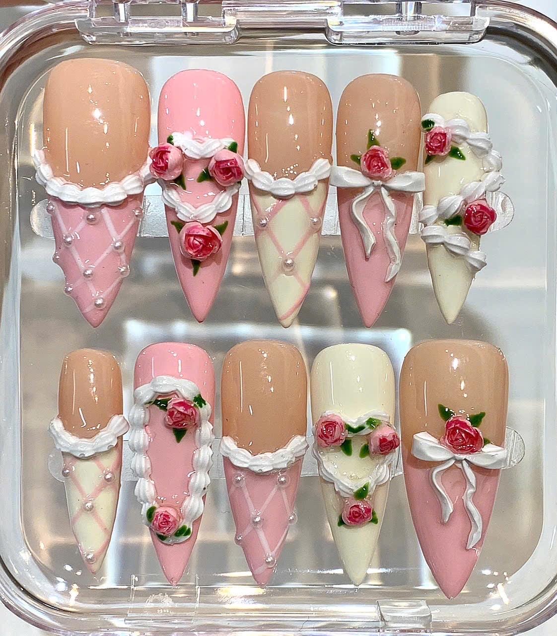 Pink Floral Press On Nails | Coquette 3D Rose Nails | Handmade Romantic Nail Set