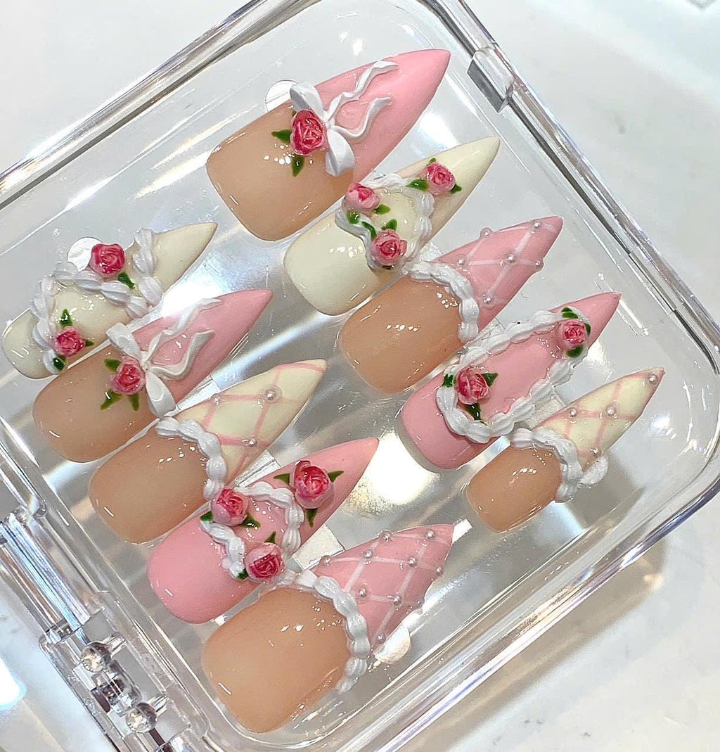 Pink Floral Press On Nails | Coquette 3D Rose Nails | Handmade Romantic Nail Set