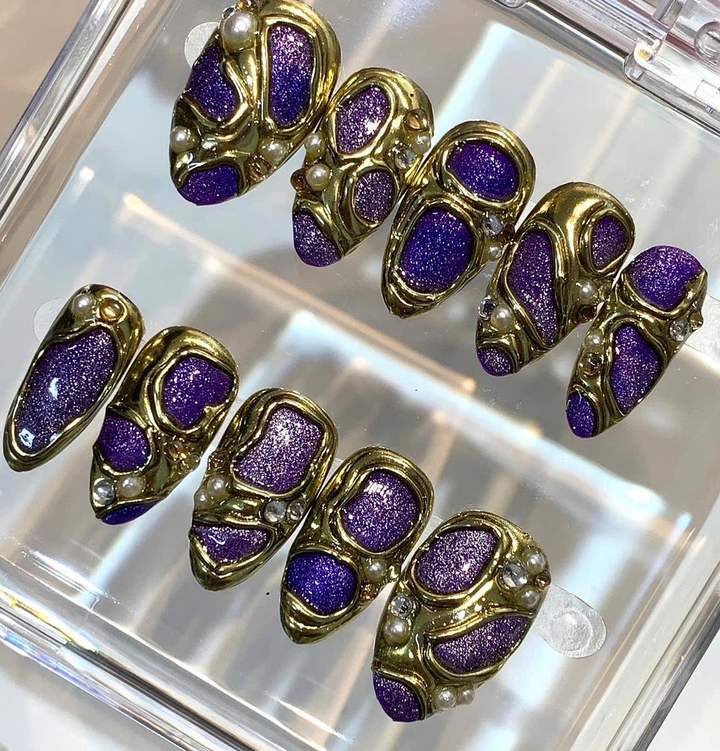 Purple Gold Press On Nails | Luxury 3D Metal Nails | Handmade Royal Nail Set