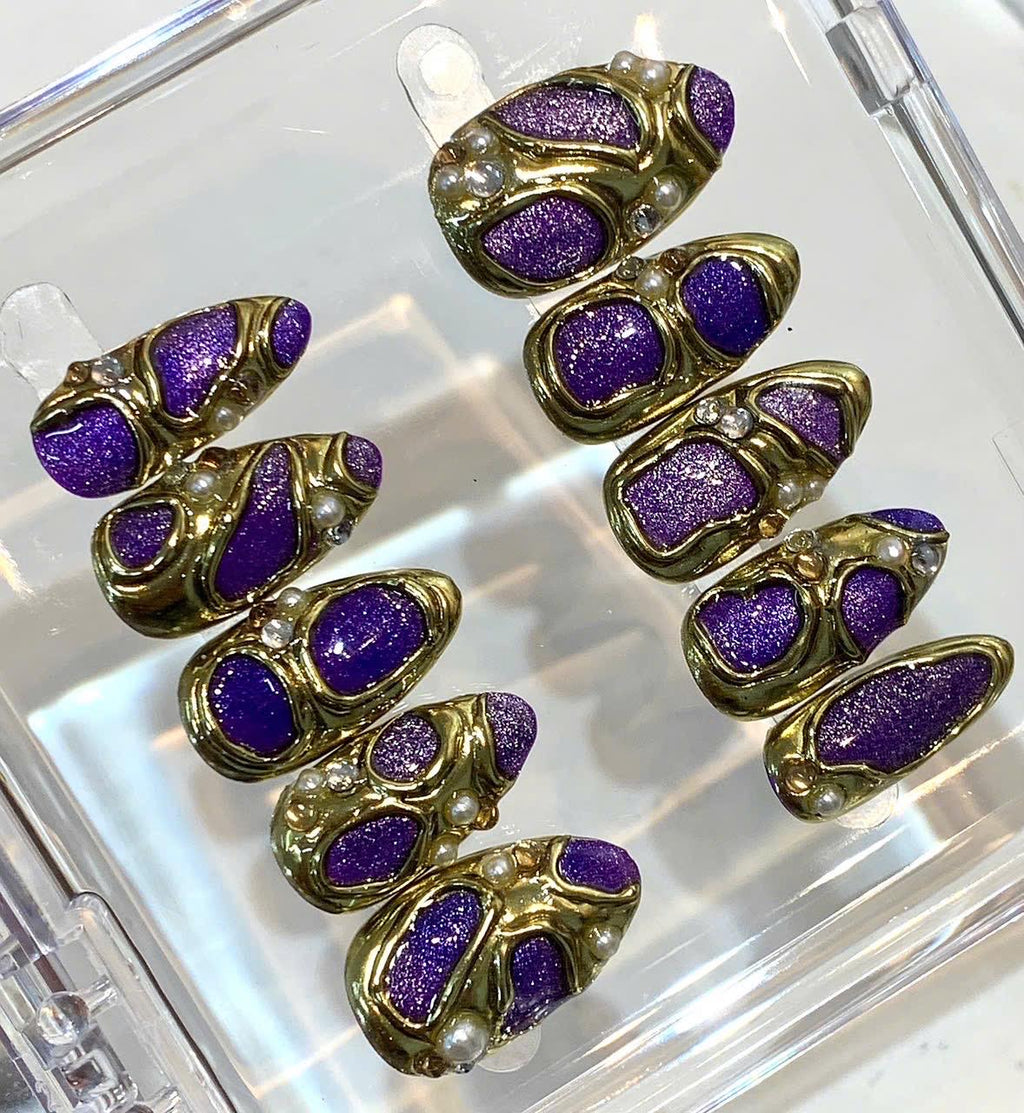 Purple Gold Press On Nails | Luxury 3D Metal Nails | Handmade Royal Nail Set