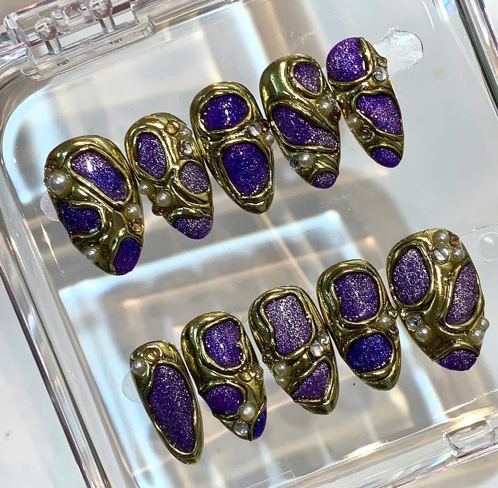 Purple Gold Press On Nails | Luxury 3D Metal Nails | Handmade Royal Nail Set