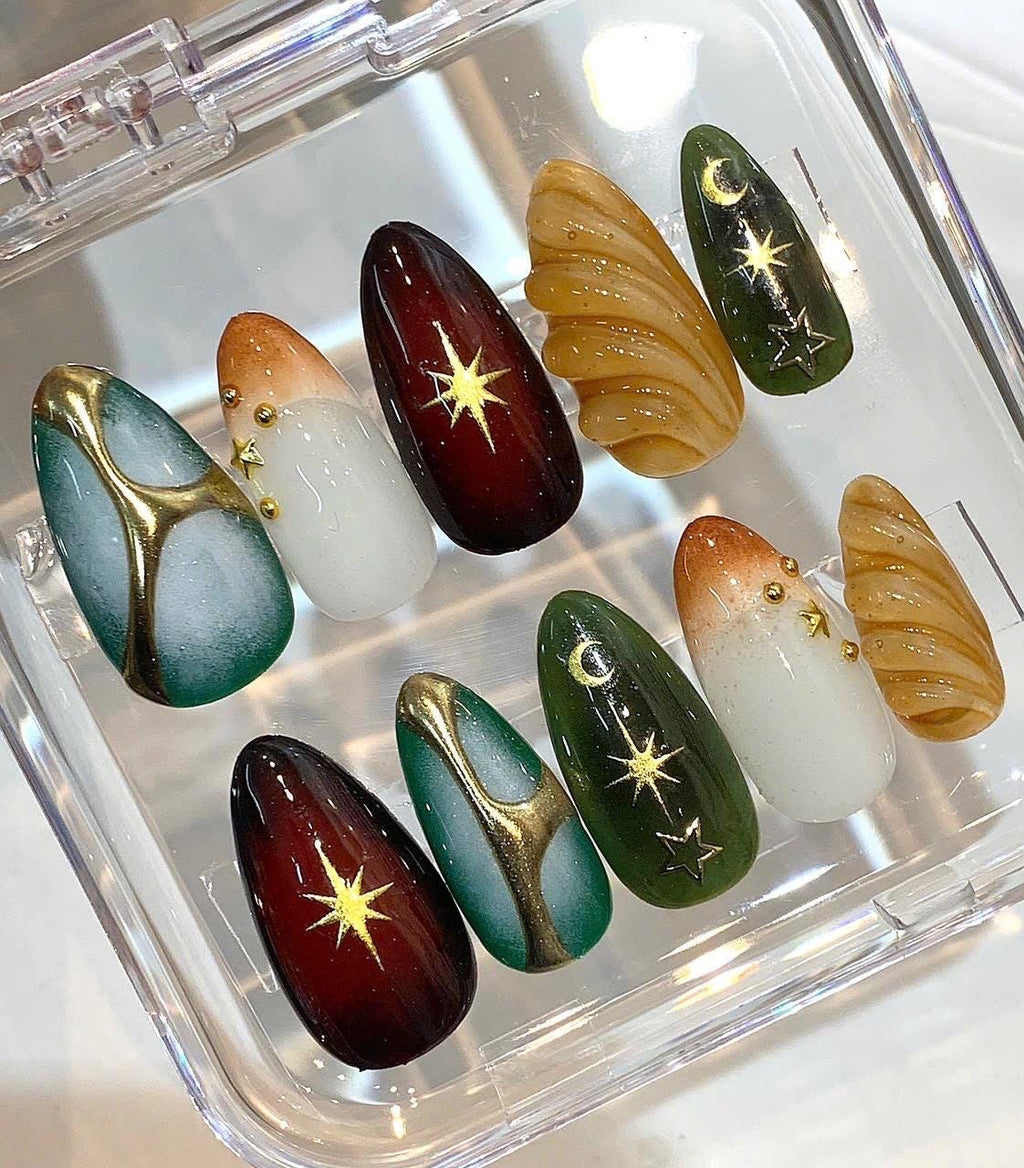 Celestial Press On Nails | Green Marble Gold Star Nails | Luxury Handmade Nail Set