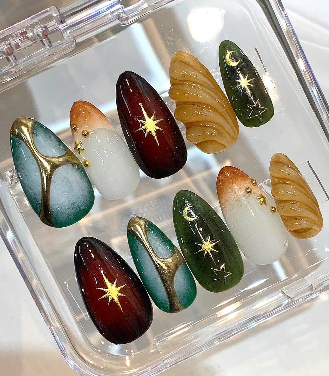 Celestial Press On Nails | Green Marble Gold Star Nails | Luxury Handmade Nail Set