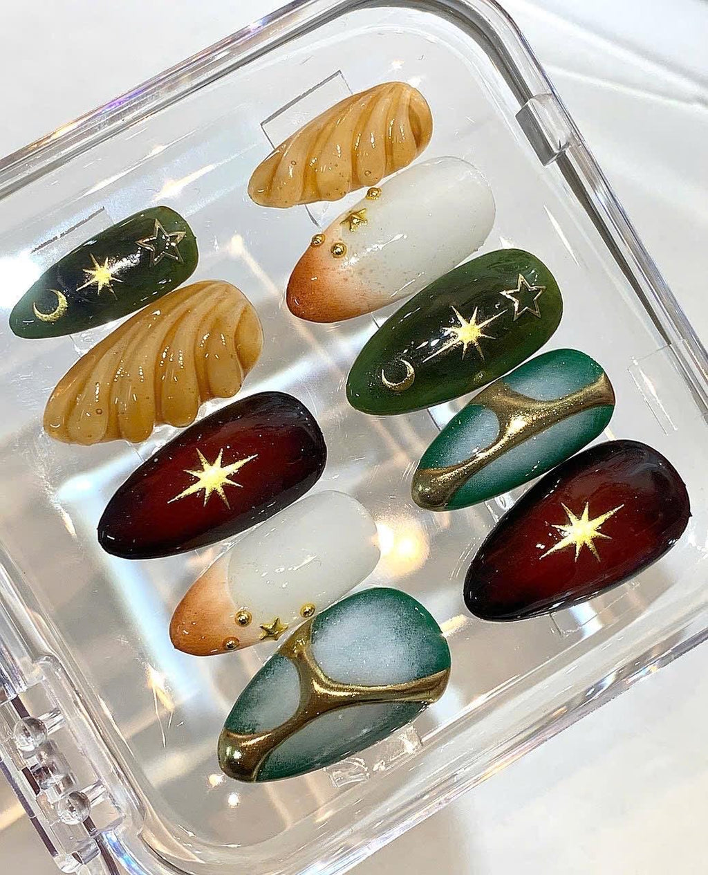 Celestial Press On Nails | Green Marble Gold Star Nails | Luxury Handmade Nail Set