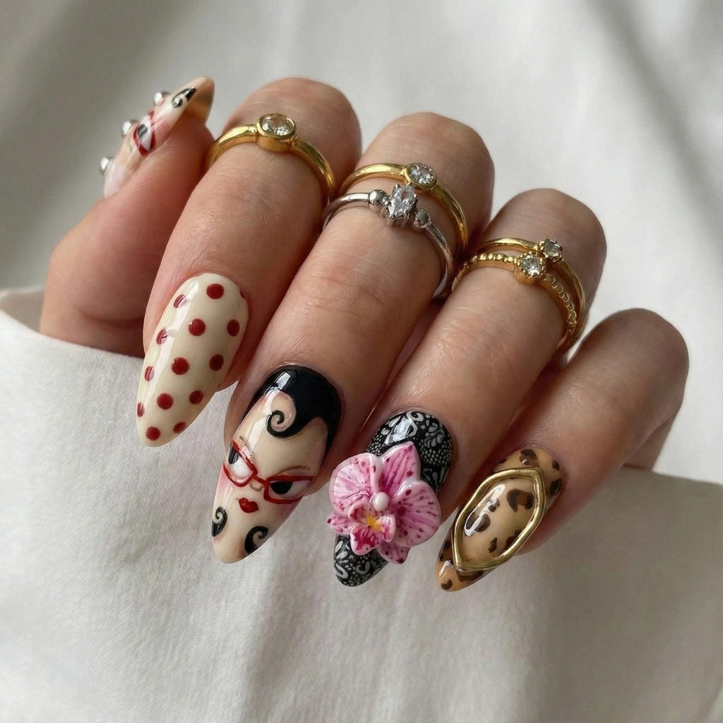 Vintage Doll Press On Nails | Retro Polka Dot & Leopard Nail Art | 3D Sculpted Character Nails | Statement Long Almond Nails | JB277H