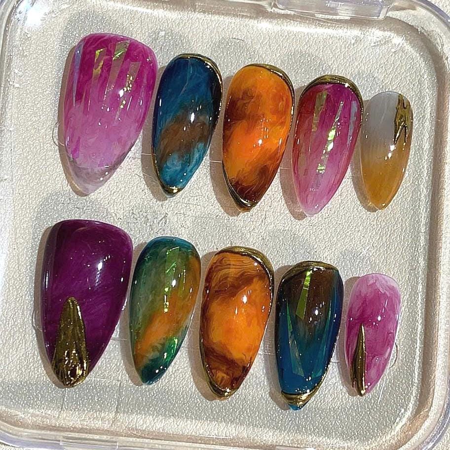 Hand-Painted Marble Press On Nails: Metallic Edge Abstract Nail Art