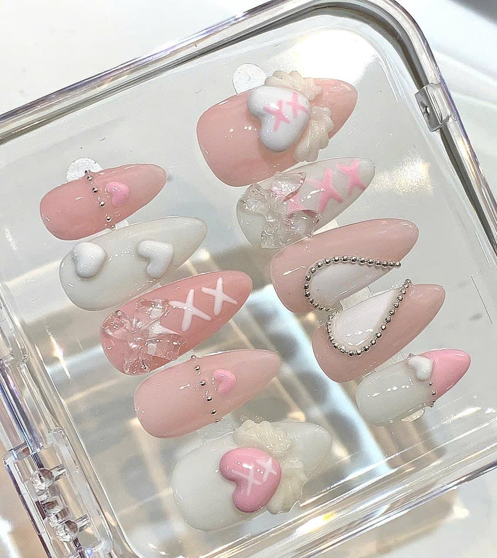 Angel Heart Press On Nails | Pink White Coquette Nails | 3D Bow Valentine Nail Set