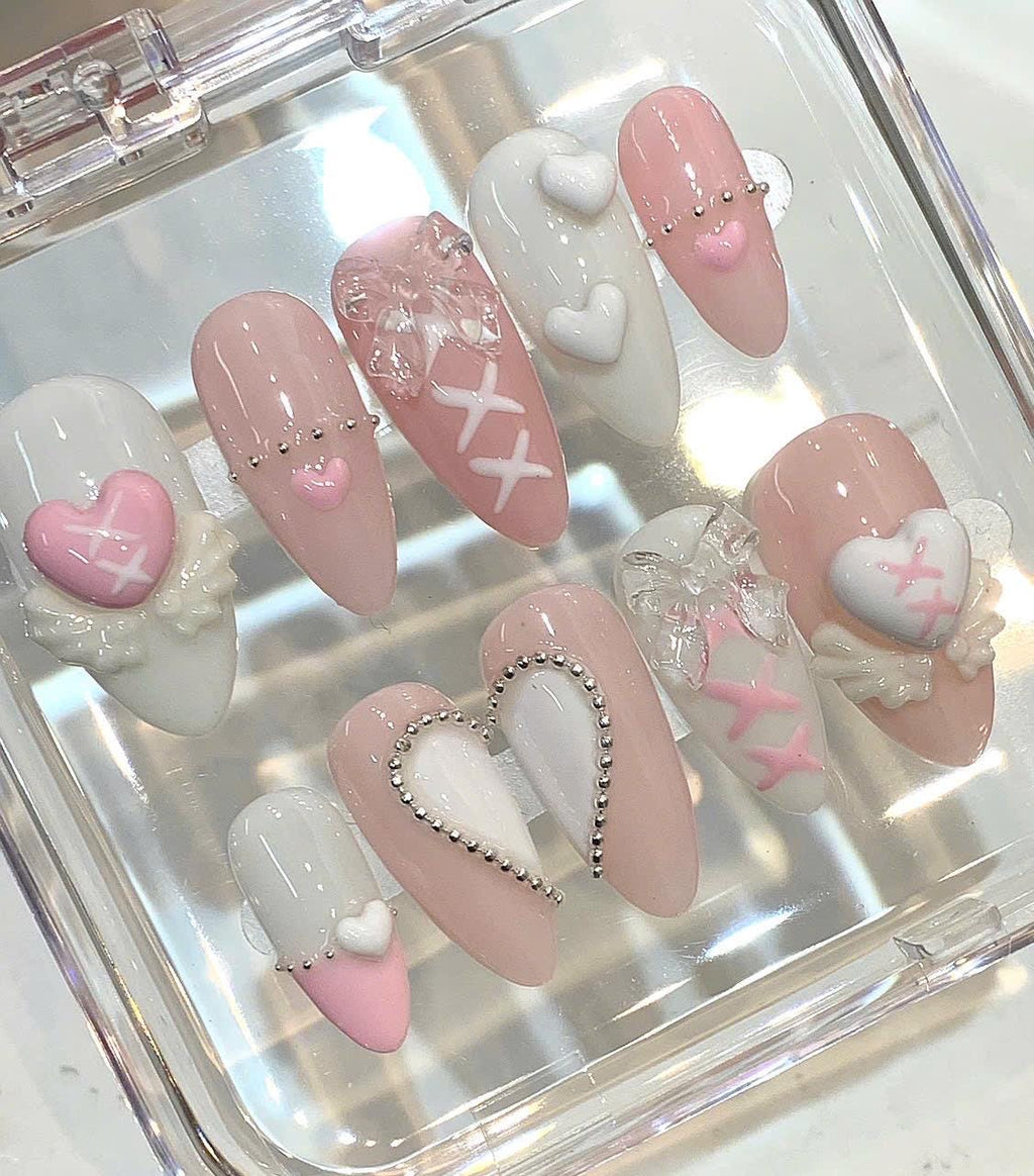 Angel Heart Press On Nails | Pink White Coquette Nails | 3D Bow Valentine Nail Set