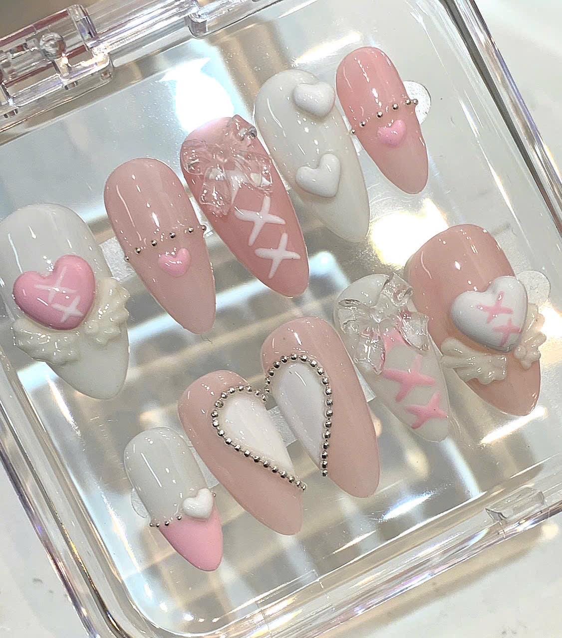 Angel Heart Press On Nails | Pink White Coquette Nails | 3D Bow Valentine Nail Set