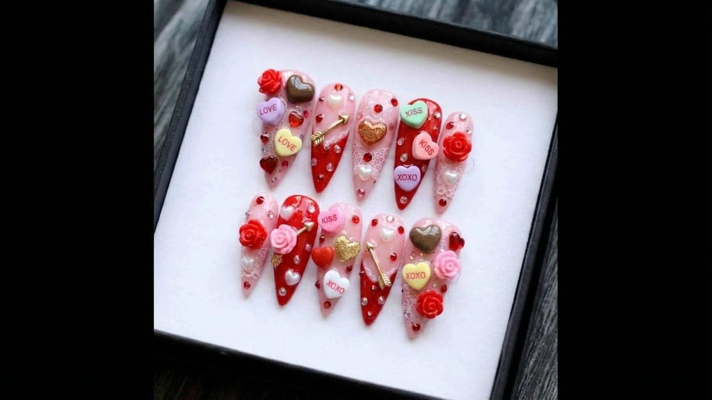 Valentines Day Red Pink Heart Press On Nails, Luxury 3D Rose Crystal Charms, Coquette Y2K Nails Set