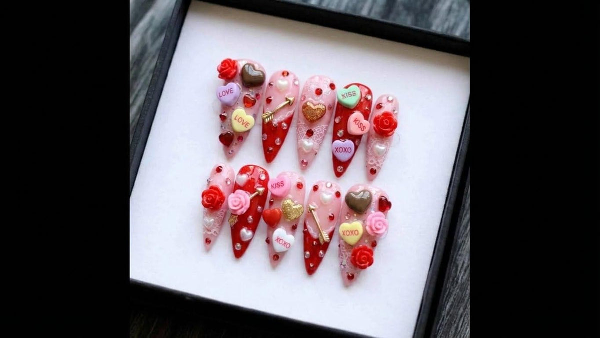 Valentines Day Red Pink Heart Press On Nails, Luxury 3D Rose Crystal Charms, Coquette Y2K Nails Set