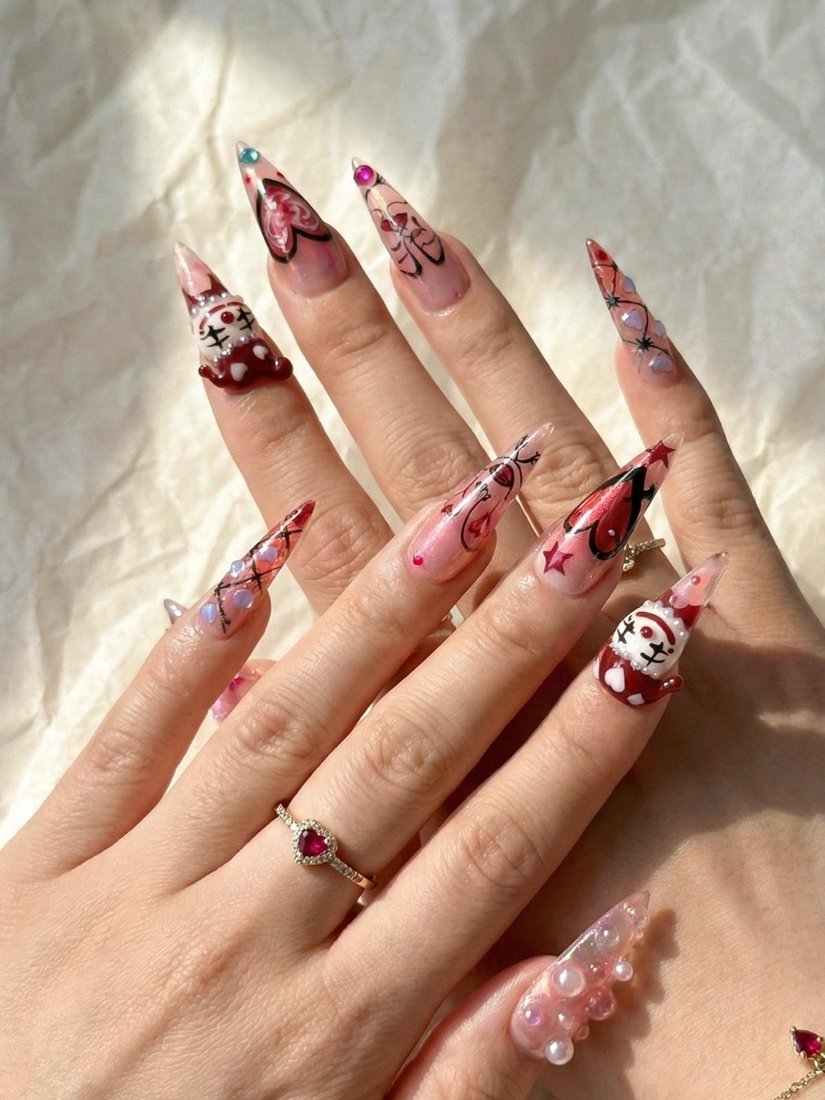 Valentine Clown Heart Press On Nails for Dark Romance Girls | Handmade Long Pink Chrome Fake Nails | Alternative Love Nail | JB278EC