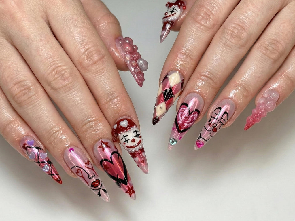 Valentine Clown Heart Press On Nails for Dark Romance Girls | Handmade Long Pink Chrome Fake Nails | Alternative Love Nail | JB278EC