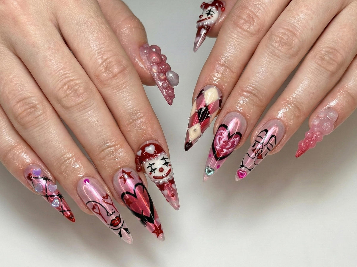 Valentine Clown Heart Press On Nails for Dark Romance Girls | Handmade Long Pink Chrome Fake Nails | Alternative Love Nail | JB278EC