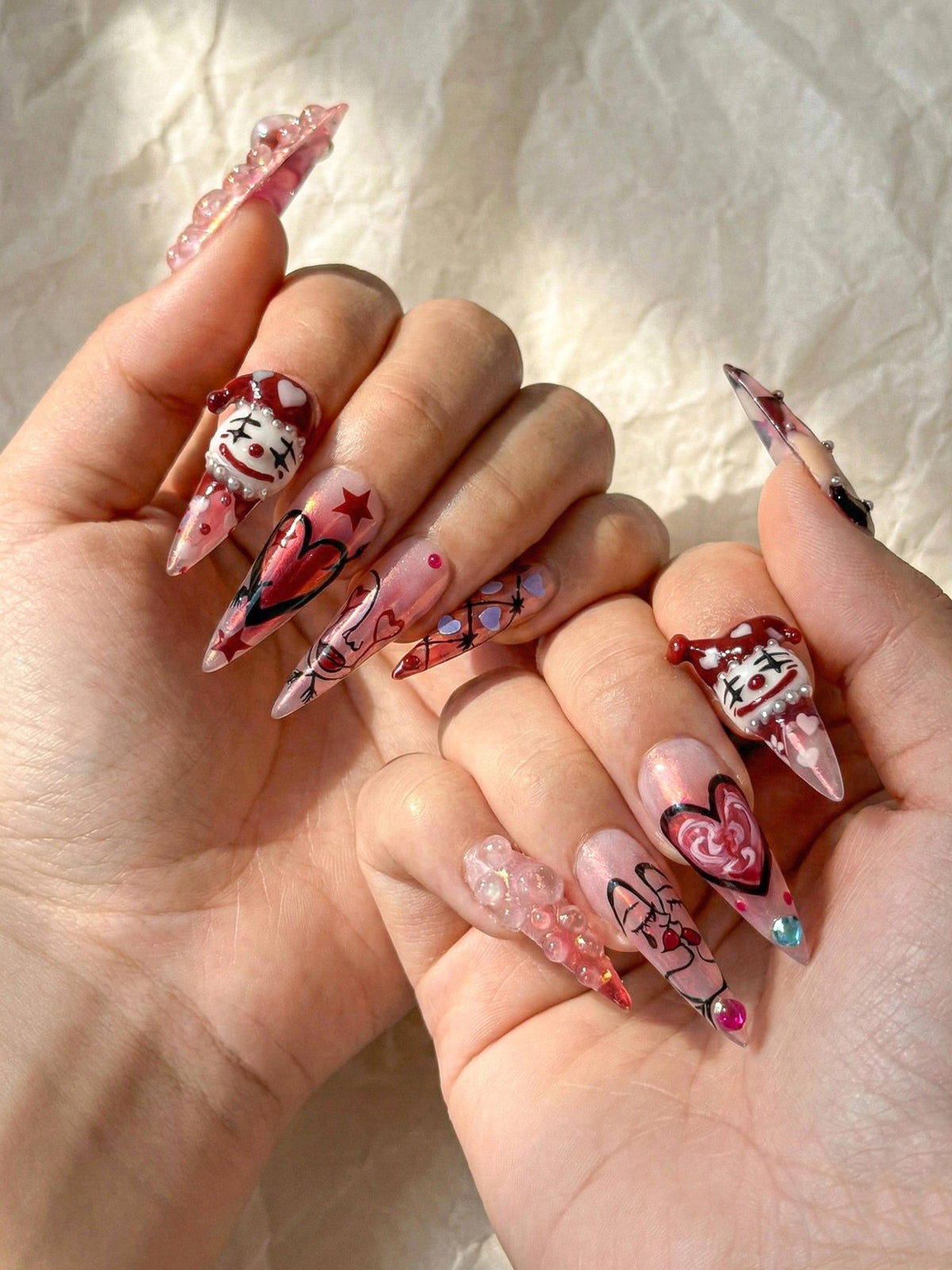 Valentine Clown Heart Press On Nails for Dark Romance Girls | Handmade Long Pink Chrome Fake Nails | Alternative Love Nail | JB278EC
