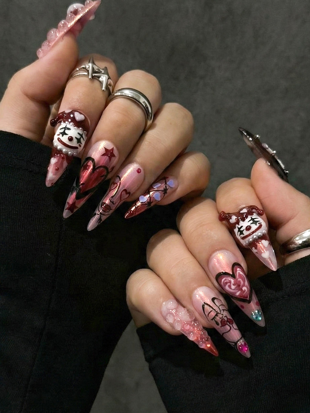 Valentine Clown Heart Press On Nails for Dark Romance Girls | Handmade Long Pink Chrome Fake Nails | Alternative Love Nail | JB278EC