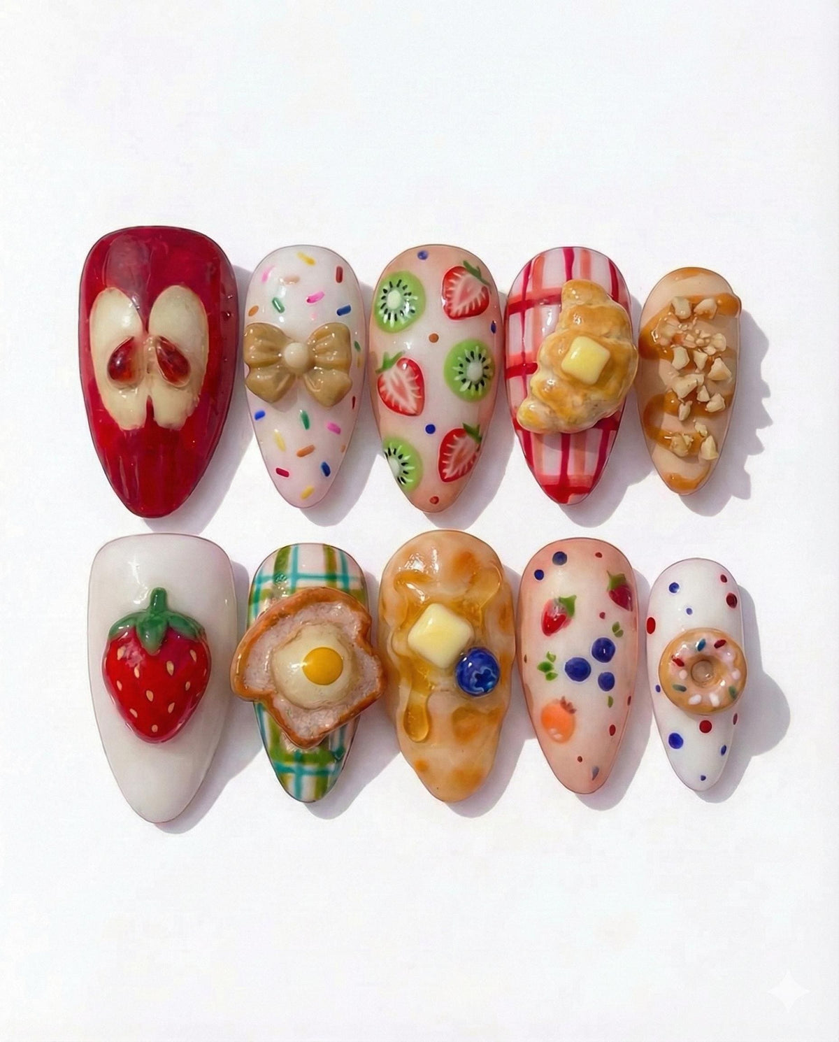 Cute Dessert Food Press On Nails for Teen Girls | Strawberry Pancake 3D Nails for Picnic Parties | Kawaii Fruit Nail for Sweet Lovers|JB280H