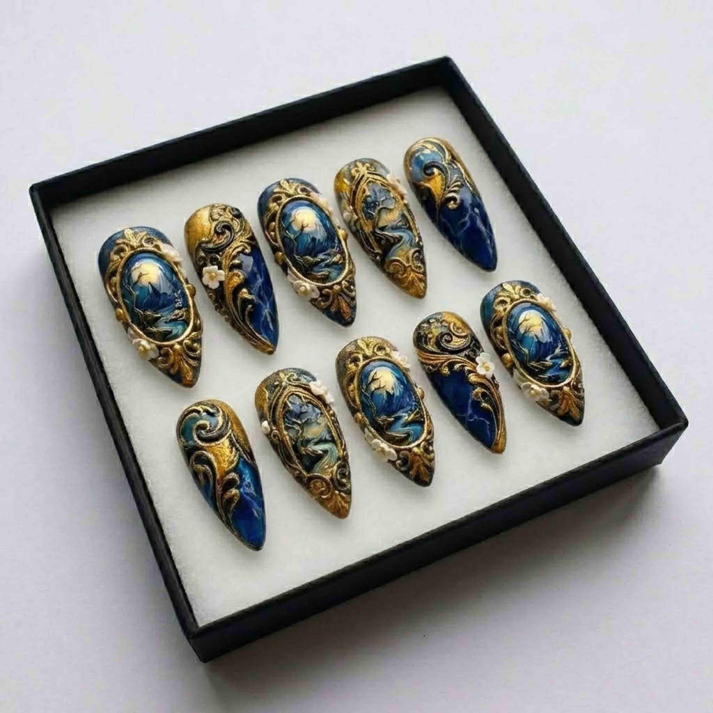 Midnight Moon Landscape Blue Gold Press On Nails, Luxury Hand Painted 3D Baroque, Celestial Fantasy Nails Set