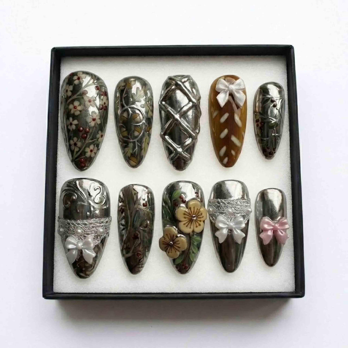 Vintage Silver Chrome Floral Press On Nails, Luxury Handmade 3D Bows Pearls & Lace, Coquette Cyber Fairy Grunge Nails Set
