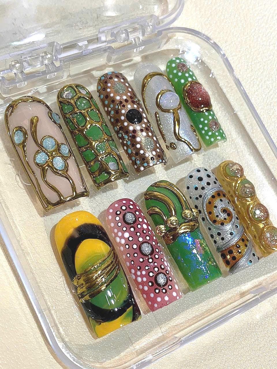 Hand Painted Press On Nails | Green Gold Abstract Dot Art