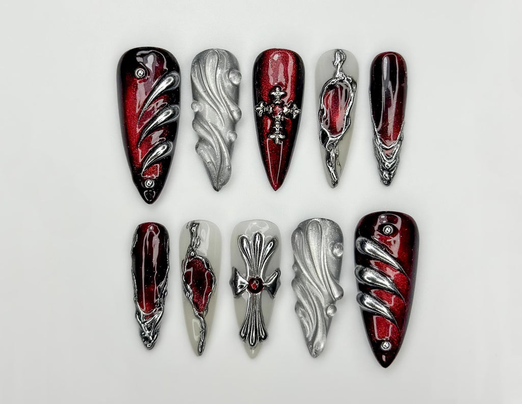 Crimson Gothic Armor Press On Nails for Luxury Girls | Handmade Red Chrome & Silver Sculpted Nails | Gothic Stiletto Nail Art | JB289EC