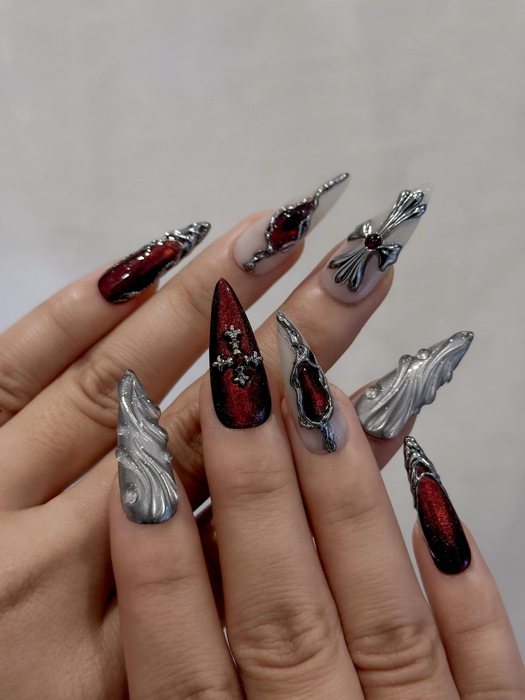 Crimson Gothic Armor Press On Nails for Luxury Girls | Handmade Red Chrome & Silver Sculpted Nails | Gothic Stiletto Nail Art | JB289EC