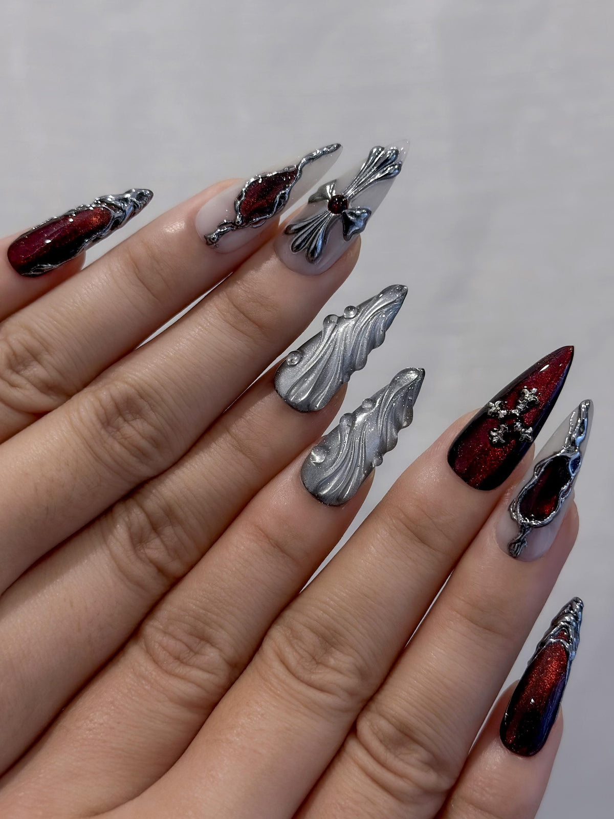 Crimson Gothic Armor Press On Nails for Luxury Girls | Handmade Red Chrome & Silver Sculpted Nails | Gothic Stiletto Nail Art | JB289EC