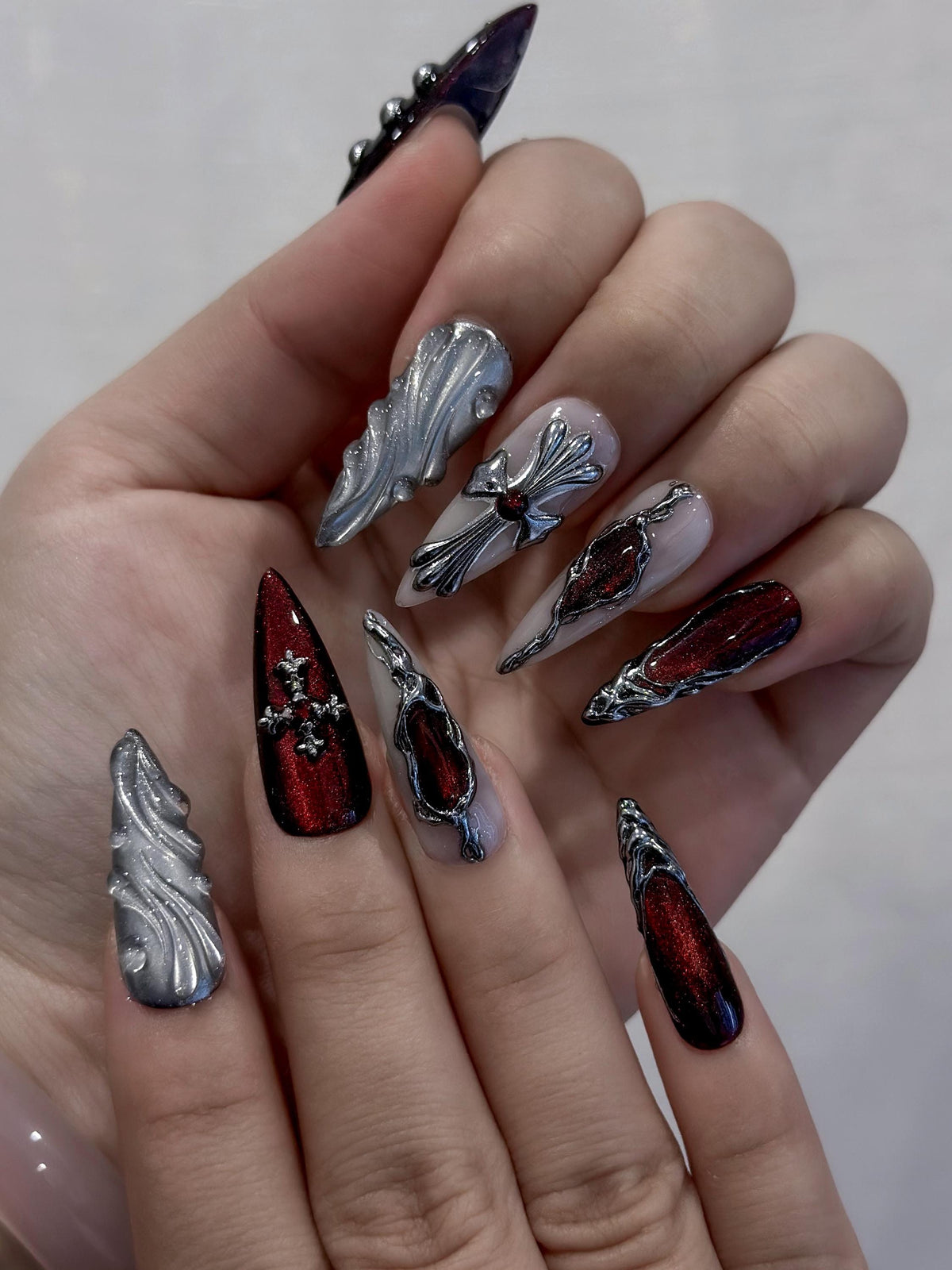 Crimson Gothic Armor Press On Nails for Luxury Girls | Handmade Red Chrome & Silver Sculpted Nails | Gothic Stiletto Nail Art | JB289EC