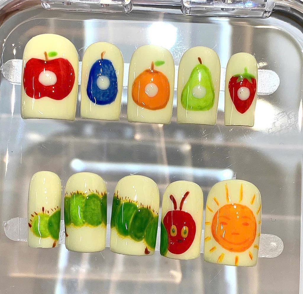 Fruit Press On Nails | Caterpillar Nail Art | Kawaii Yellow Nails Handmade